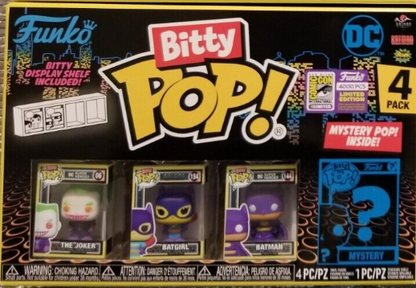 SDCC 2023 FUNKO BITTY POP! DC 4PC BLACK LIGHT LE4000 - JOKER, BATGIRL, BATMAN AND A MYSTERY POP